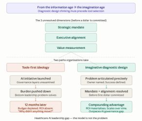 Diagram: from the information age to the imagination age, healthcare AI leadership gap model
